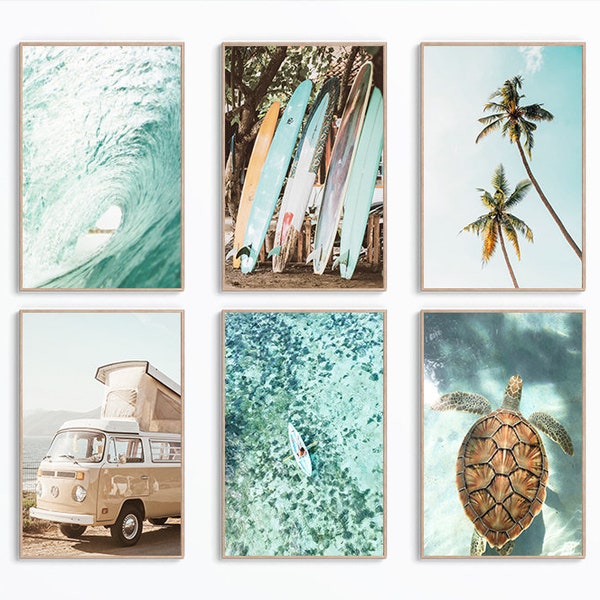 Lot de 6 estampes tropicales, art mural surf, photo de plage, impression tortue, déco océan, impression palmier, affiche d'art imprimable, ensemble d'impressions de galerie