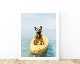 Funny Dog Surfing Print, Dog On Surfboard Print, Beach Dog Wall Art, Dog Poster, Cute Dog Decor, Instant Download, Dog Printable Art