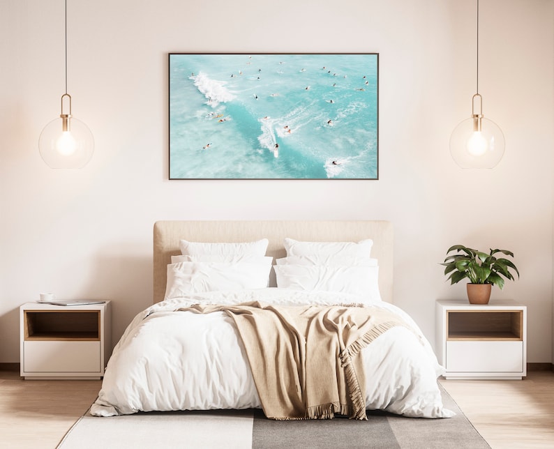 Flygbild av surfare på stranden, bohemisk kustväggkonst (digital nedladdning) bild 4