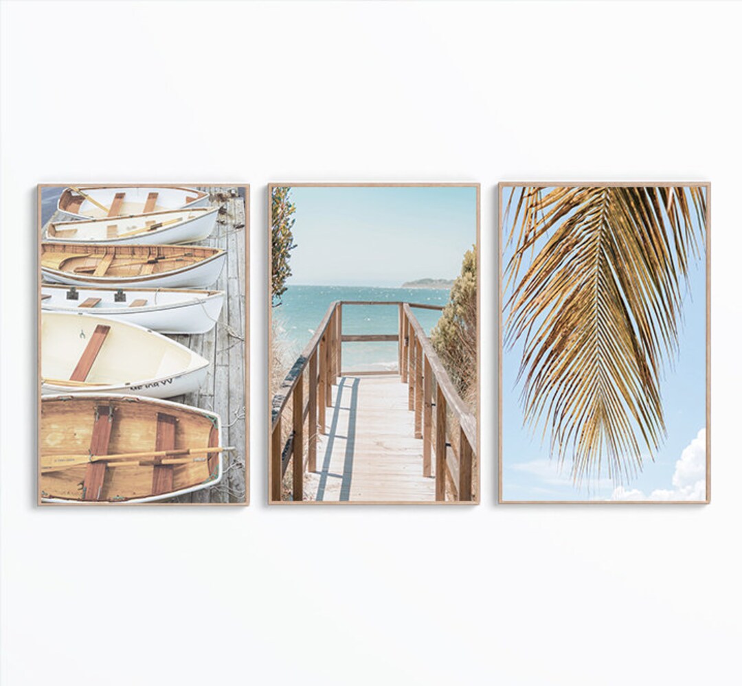 Set of 3 Tropical Beach Prints, Coastal Prints, Summer Wall Decor, Wooden Beach Art, Beach Vibes ...