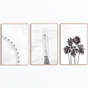 Set of 3 California Wall Art, Surf Prints, Beach Wall Art, Palm Tree Decor, Black And White Poster, Printable Art, Digital Print, Ocean Art