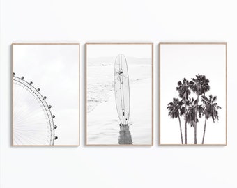 Set of 3 California Wall Art, Surf Prints, Beach Wall Art, Palm Tree Decor, Black And White Poster, Printable Art, Digital Print, Ocean Art