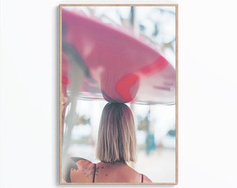 Pink Surfboard Print, Pink Beach Print, Surf Wall Art, Boho Wall Decor, Printable Wall Art, Pink Surf Poster, Tropical Wall Art, Surf Woman