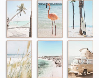 Set Of 6 Beach Coastal Wall Art Prints, Surf Printable Art, Retro Van Beach, Pastel Wall Decor, Tropical Prints, Beach Palm Photography Art