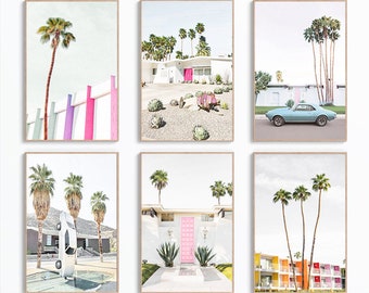Zestaw 6 wydruków Palm Springs, sztuka ścienna Palm Springs, plakat z Kalifornii, sztuka do druku w Kalifornii, dekoracja ścienna Boho, połowa wieku, sztuka cyfrowa