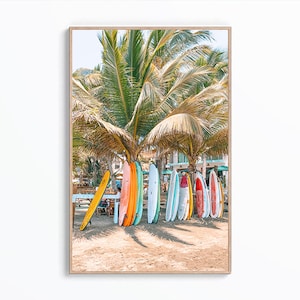 Surfboard Wall Art Print, Beach Photography, Coastal Print Art, Tropical Wall Decor, Surf Wall Print, Large Palm Trees Poster, Surf Decor