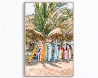 Surfboard Wall Art Print, Beach Photography, Coastal Print Art, Tropical Wall Decor, Surf Wall Print, Large Palm Trees Poster, Surf Decor