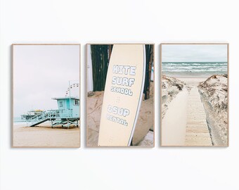 Juego de 3 láminas de surf, arte de playa, impresión costera, pósteres de California, ambiente tropical, impresión de tabla de surf, arte de pared oceánico, salvavidas