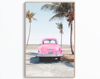 Pink Vintage Beach Car Wall Art, Pink Car Print, Beach Print, Tropical Palms Print, California Wall Decor, Digital Download, Printable Art