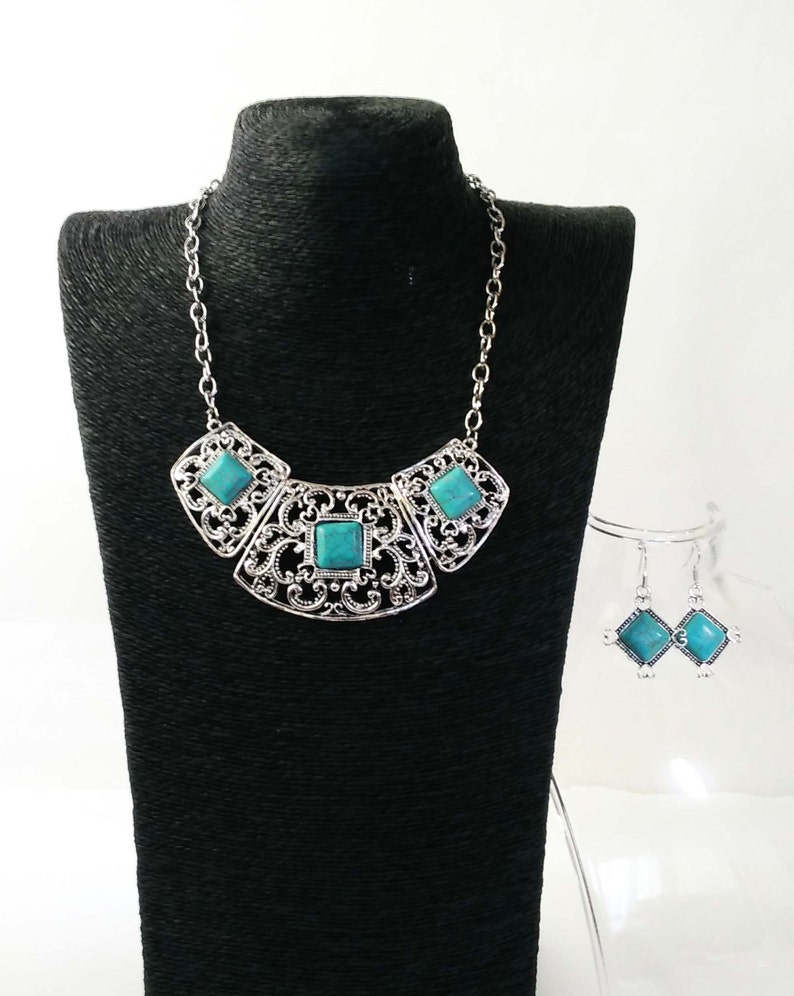 Turquoise Jewelry Turquoise Earrings Boho Jewelry Set: Necklace and Earrings Silver Boho Necklace