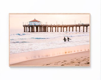 Coastal Sunset Wall Art Print, California Beach Print, Surfers Wall Decor, California Ocean Print, Surfer Art Poster, Surfboard Digital Art