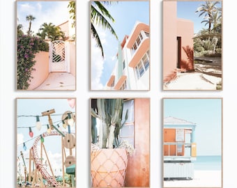 Conjunto de 6 láminas de arte mural de Miami, lámina de Florida, póster de Miami, arte mural, arte digital de Miami, lámina pastel de Miami, foto de Miami, arte de viajes