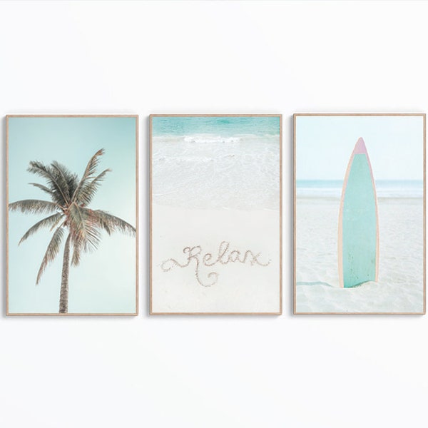 Beach Prints Set of 3, Coastal Prints, Surfing Posters, Relax Print, Surfer Art, Palm Tree Wall Art, Coastal Decor, Surfboard Decor, Digital