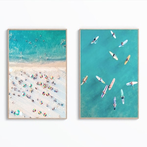 Conjunto de 2 impresiones de playas costeras, impresión de surf, arte de pared de surf, arte de pared aérea, decoración de playa, arte fotográfico aéreo del océano, impresión de olas, descarga digital