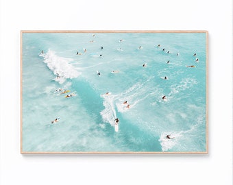 Aerial Surfers Wall Art, Surfers Print, Aerial Beach Prints, Aerial Ocean Wall Decor, Wave Print, Coastal Wall Art, Boho Beach Digital Print
