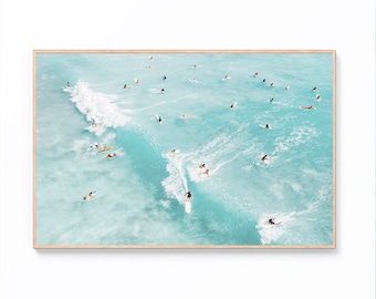 Aerial Surfers Wall Art, Surfers Print, Aerial Beach Prints, Aerial Ocean Wall Decor, Wave Print, Coastal Wall Art, Boho Beach Digital Print