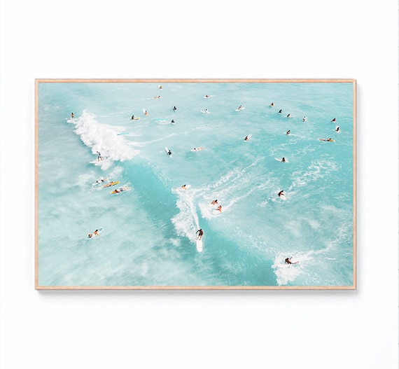 Aerial Surfers Beach Print, Boho Coastal Wall Art (Digital Download)