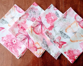Napkins, Pink Flowers and Butterflies Napkins, Set of 4, Cotton, PRICE REDUCED