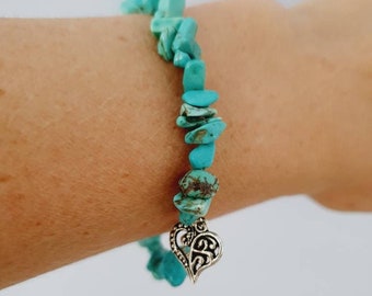 Turquoise gemstone handmade crystal bracelet with heart charm