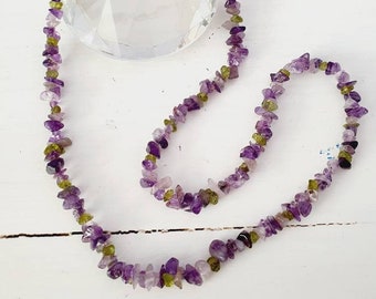 Amethyst and peridot handmade gemstone long length necklace
