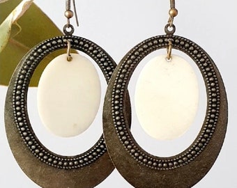 Large white oval boho vintage dangle earrings