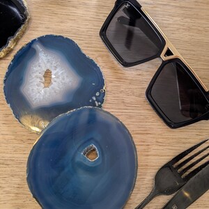 2 teal and gold agate stone coasters