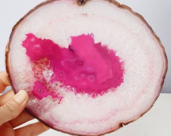 Large hot pink agate slice with handpainted rose gold edges