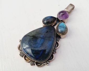 Labradorite and amethyst sterling silver gemstone vintage pendant