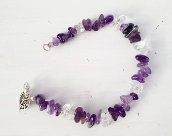 Amethyst and quartz polished gemstone chip handmade bracelet with heart charm