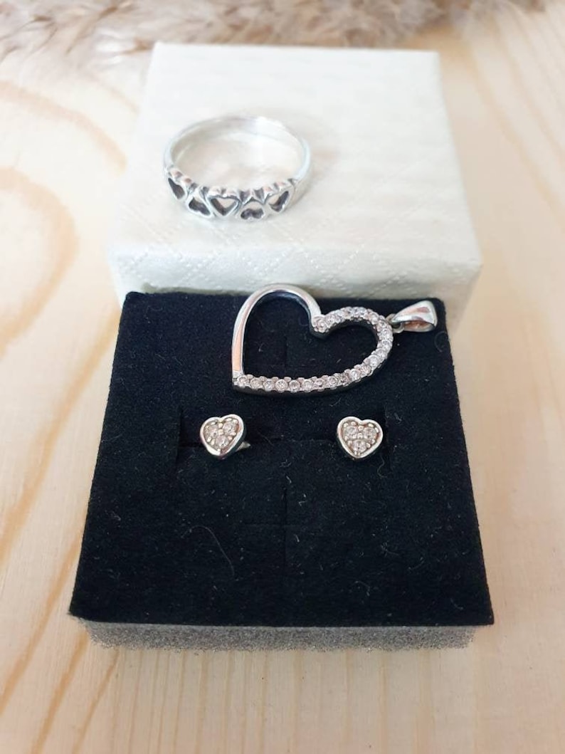heart jewelry ring vintage pendant sterling silver 925 Love heart set wife present stud earrings gift for girlfriend