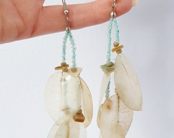 Long vintage leaf and turquoise beads dangle earrings