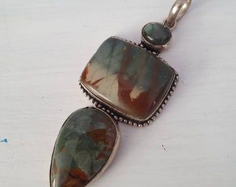 Large dark green labradorite gemstone sterling silver 925 vintage pendant