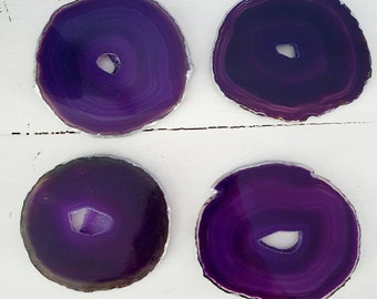 Deep purple agate drink coasters with handpainted silver edges set of 4