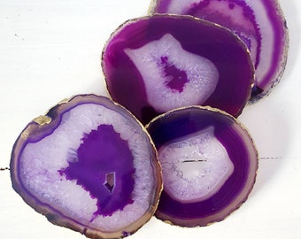 Deep purple agate drink coasters with handpainted gold edges set of 4