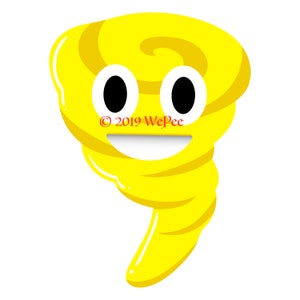 May include: A yellow cartoon tornado with a smiling face and two large black eyes. The tornado is swirling and has a copyright symbol and the text "2019 WePee" on the front.