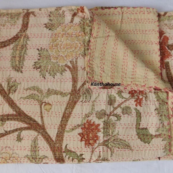 Indian Handmade Tree Print Kantha Quilt Bedspread Throw Cotton Blanket Gudari Twin Bedcover Indian Bedspread Queen Kantha Quilt Cotton