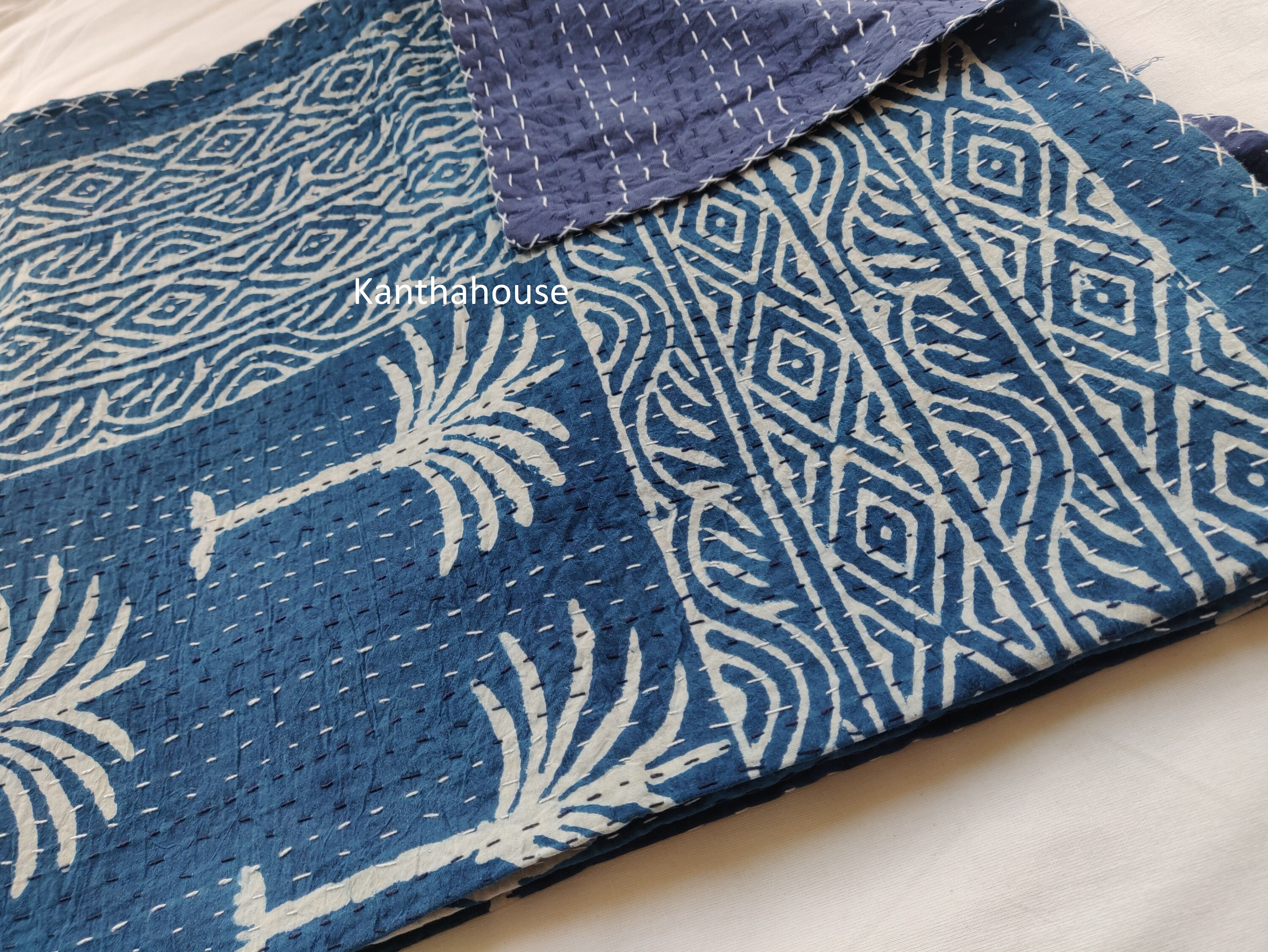Indian Kantha Quilt Palm Tree Kantha Quilt Indigo Palm Tree Etsy