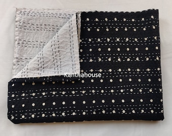 Handblock Print Kantha Quilt: Black Polka Dot Cotton Bedcover