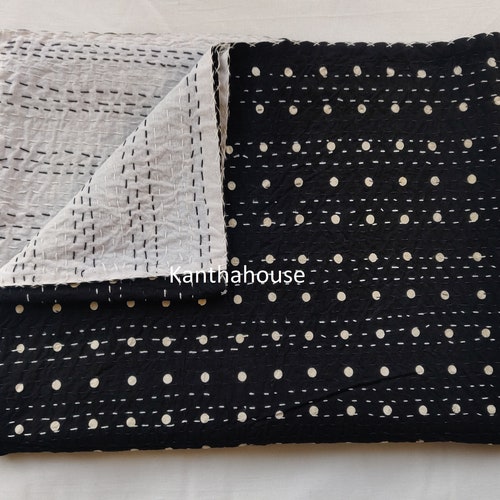 Black & White Polka Dot Kantha Quilt Bedspread Kantha Quilt Etsy