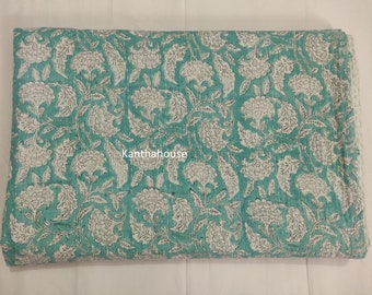 Hand Block Print Kantha Quilt - Lightweight Cotton Bedspread, Queen/Twin