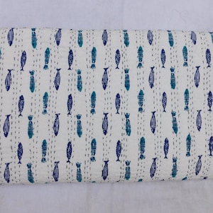 New Fish Print Indian Kantha Quilt Handmade Kantha Bedcover Throw Cotton Blanket Gudari Queen kantha Quilt or Twin Kantha Quilt Bedspread