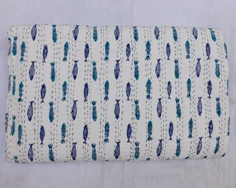 Fish Print Kantha Quilt: Handmade Indian Cotton Bedspread