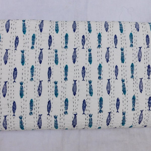 Fish Print Kantha Quilt: Handmade Indian Cotton Bedspread