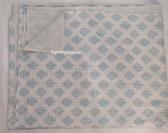 Indian Leaf Print Kantha Quilt - Lightweight Cotton Bedspread