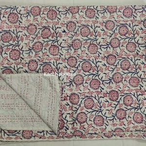 Indian Handmade Kantha Quilt New Beautiful Print Kantha Bed cover Floral Printed Kantha Throw Cotton Blanket Gudari mother&#39;s day sale