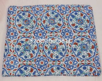 Handprinted Cotton Kantha Bedcover Reversible Bedspread Throw