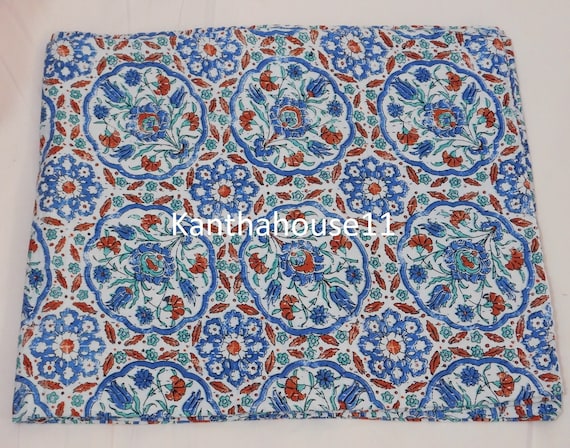 Handprinted Cotton Kantha Bedcover Reversible Bedspread Throw