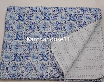 Handblock Cotton Kantha Quilt - Indian Bedcover Blanket
