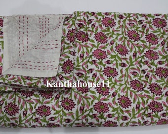 Indian Kantha Quilt Queen Size Cotton Kantha Hand block 90x108 Inches Bedcover Twin size Kantha Quilt 60x90 Inches Block Print Floral Quilt