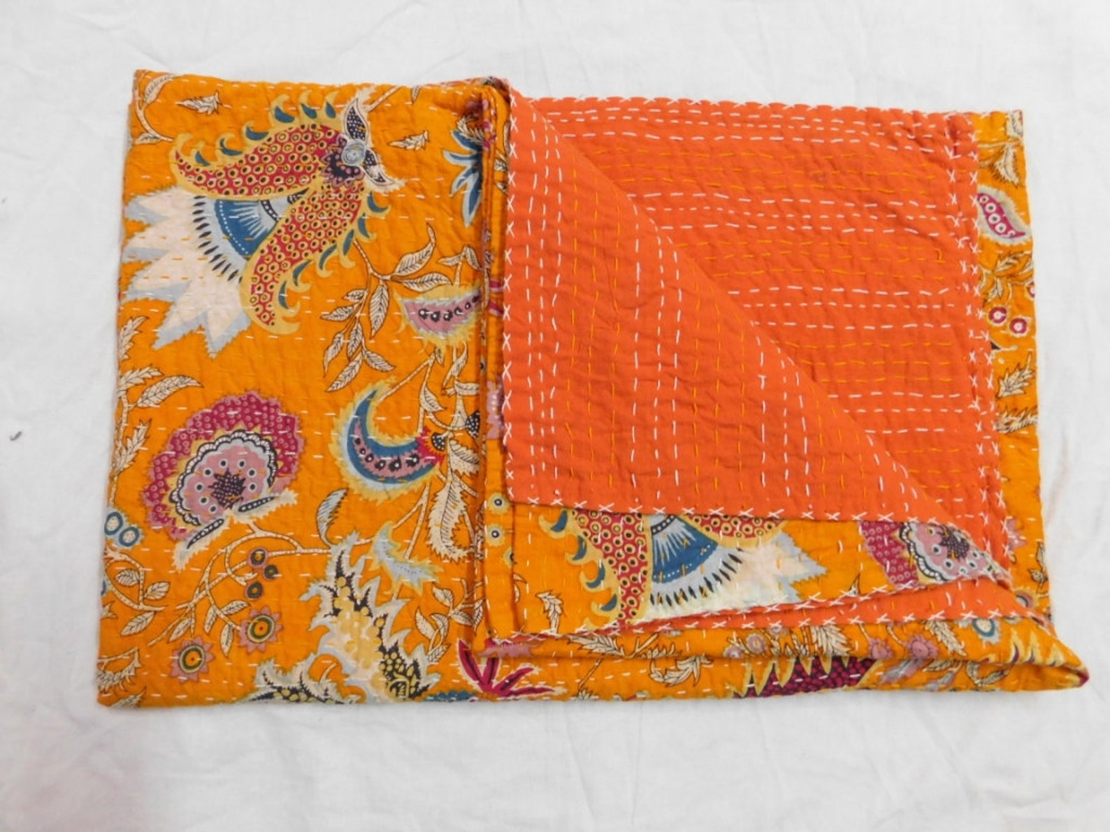 Kantha Quilt Twin Size Bedspread King Print Indian Handmade Etsy